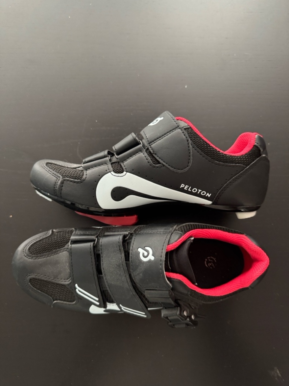 Peloton Black and White Road Cycling Shoes with Red Cleats